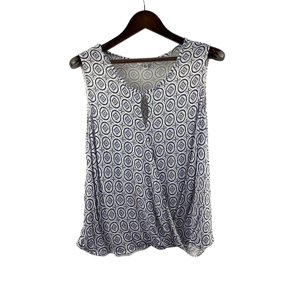 Women’s Cabi XL White w/ Blue Patterned Sleeveless Faux Wrap Style Blouse